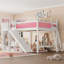 Grand lit mezzanine avec tablettes de rangement et garde-robe, structure en bois massif, glissière amovible, échelles, aucun sommier nécessaire, rose et blanc-667965446-667965447