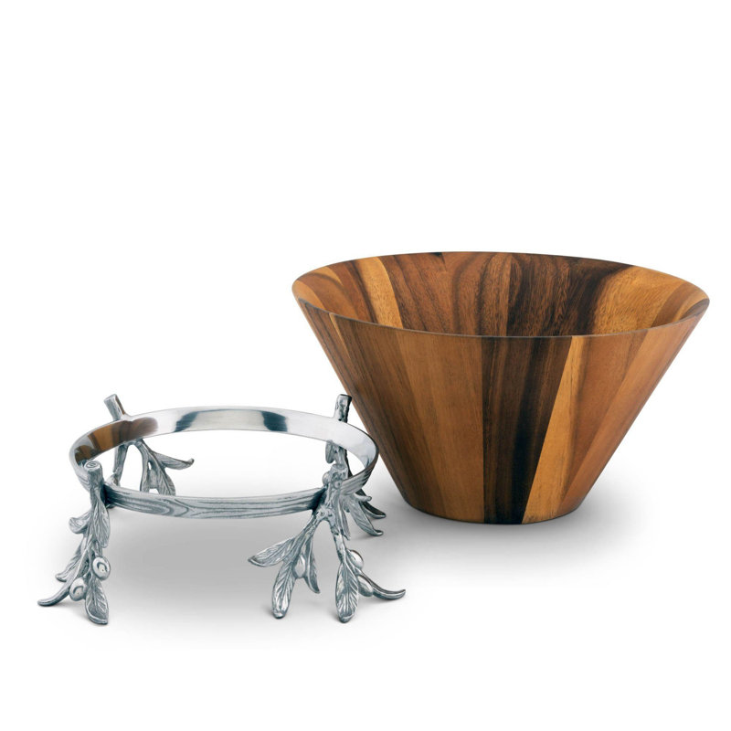 Acacia Wood Salad Bowl with Aluminum Olive Branch Stand