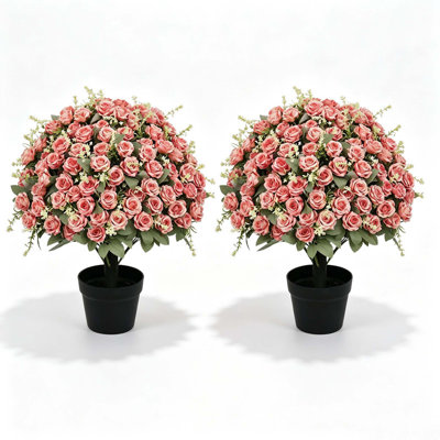 Rosier artificiel de 61 cm (24 po), résistant aux UV, décor floral réaliste, fleurs roses, verdure nécessitant peu d'entretien pour l'intérieur et l'extérieur, ensemble de 2 pots
