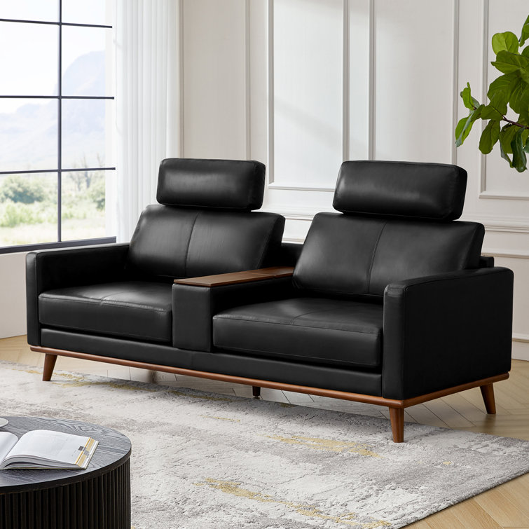 Plina 89"Wide Mid-Century Modern Genuine Leather Sofa with Multifunctional Storage Box