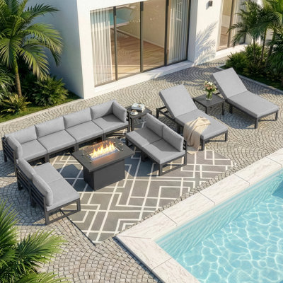 Joquita 13-Piece Patio Outdoor Sectional Set with Fire Pit Table Chaise Lounge and Cushions
