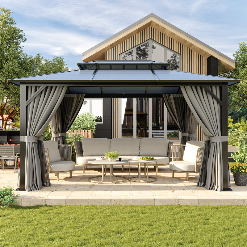 Pavillon de jardin en métal avec double toit en polycarbonate, 14 pi. L 10 pi. D, Gris