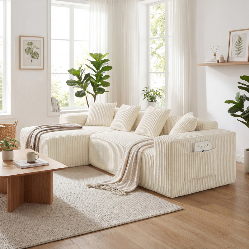Modern Oversized Corner Sofa L-Shaped Corduroy Sofa With Storage Pockets , Left Hand Facing, Beige