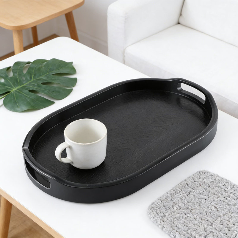 Wood Grain Ottoman Serving Tray With Handles, Spill-Proof Raised Edge, Non-Slip Pads, Durable ABS Plastic Butler Tray For Breakfast In Bed, Coffee Table, Sofa, And Home Decor
