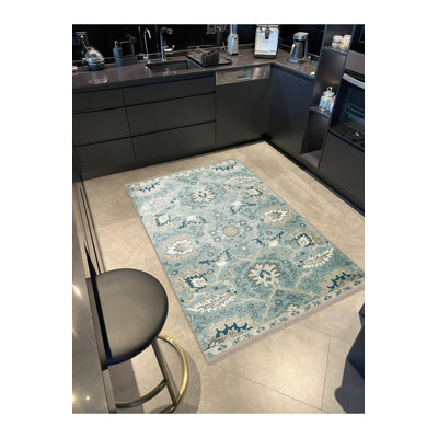 Tapis décoratif lavable à la machine bleu clair à motif floral et floral