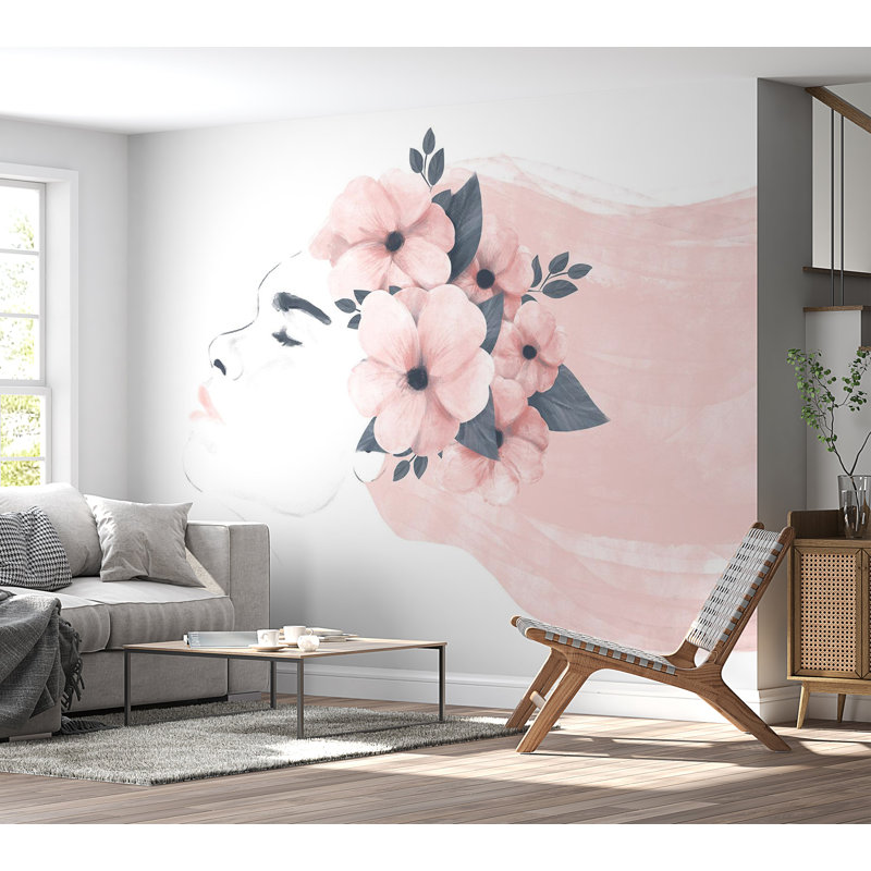 Murale abstraite - Femme avec des fleurs, L 157 po x L 110 po, Non encollé