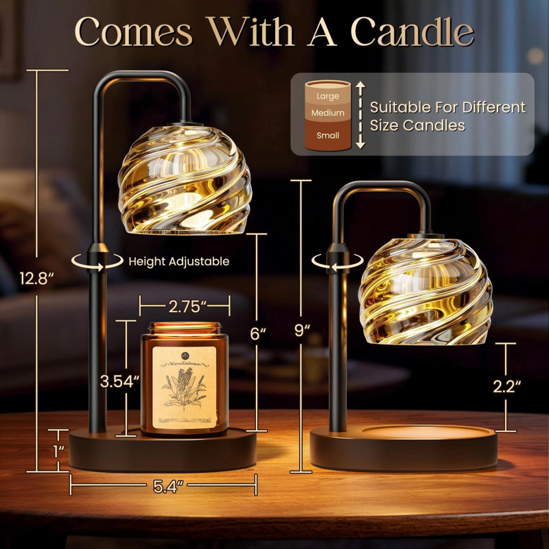 Lampe chauffe-bougie avec bougie lavande assortie, noire, chauffe-cire électrique avec minuterie automatique et 4 intensités lumineuses réglables, hauteur ajustable pour bougies en pot, cadeau élégant pour femme