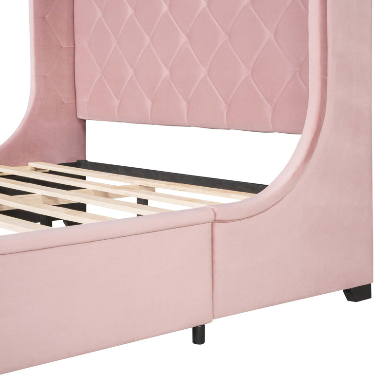 Queen Size Velvet Upholstered Storage Bed with Wingback Headboard and Large Drawer, Combining Style and Functionality for Modern Bedrooms.
