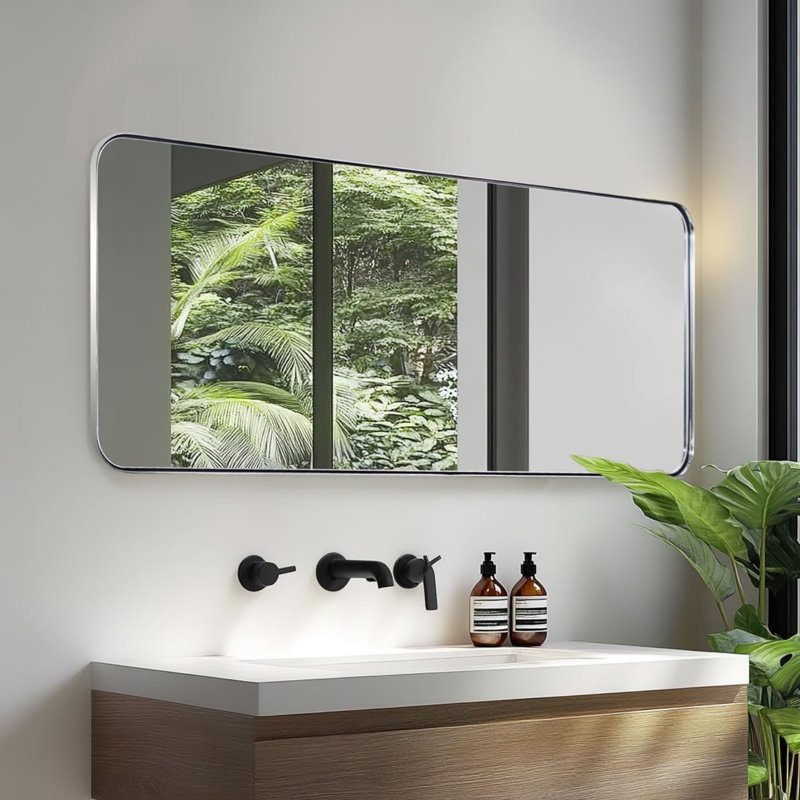 Inse Modern Rounded Rectangle Bathroom Vanity Mirror | Stainless Steel Frame, Polished Chrome, 48" x 18"
