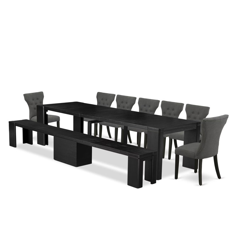 9-Pc Dining Table Set a Rectangular Dining Table and a wooden Bench and 7 Dark Gotham Grey Linen Fabric Kitchen Chair, Wire Brushed Black