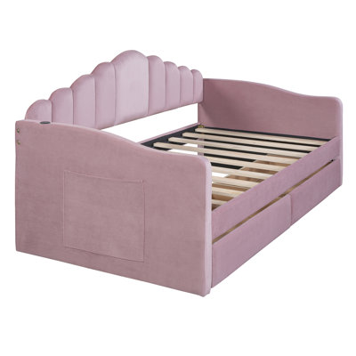 Contemporary Bed Frame-Twin Size Upholstered Daybed With 2 Drawers ,Velvet Sofabed With USB Charging Ports,No Box-Spring Needed -  Everly Quinn, E1A1CBB96165450EB5F81121D19F5B6E