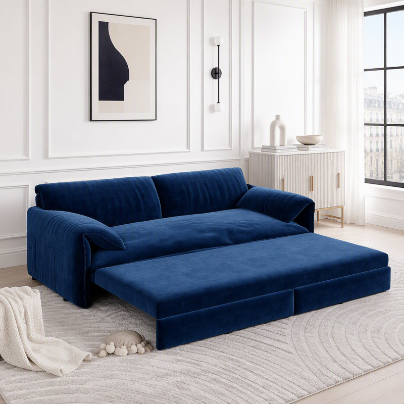 Grand canapé-lit coulissant avec rangement latéral et port USB, Velours bleu