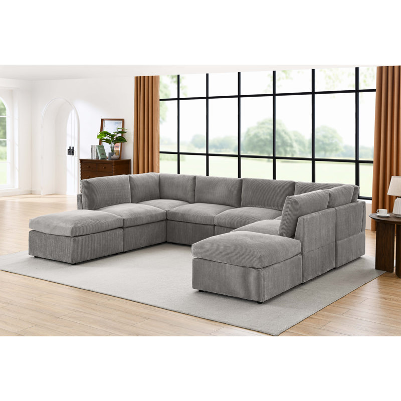 Arvill Amuri 129'' Wide Symmetrical Modular Corner Sectional with Ottoman, Light Gray