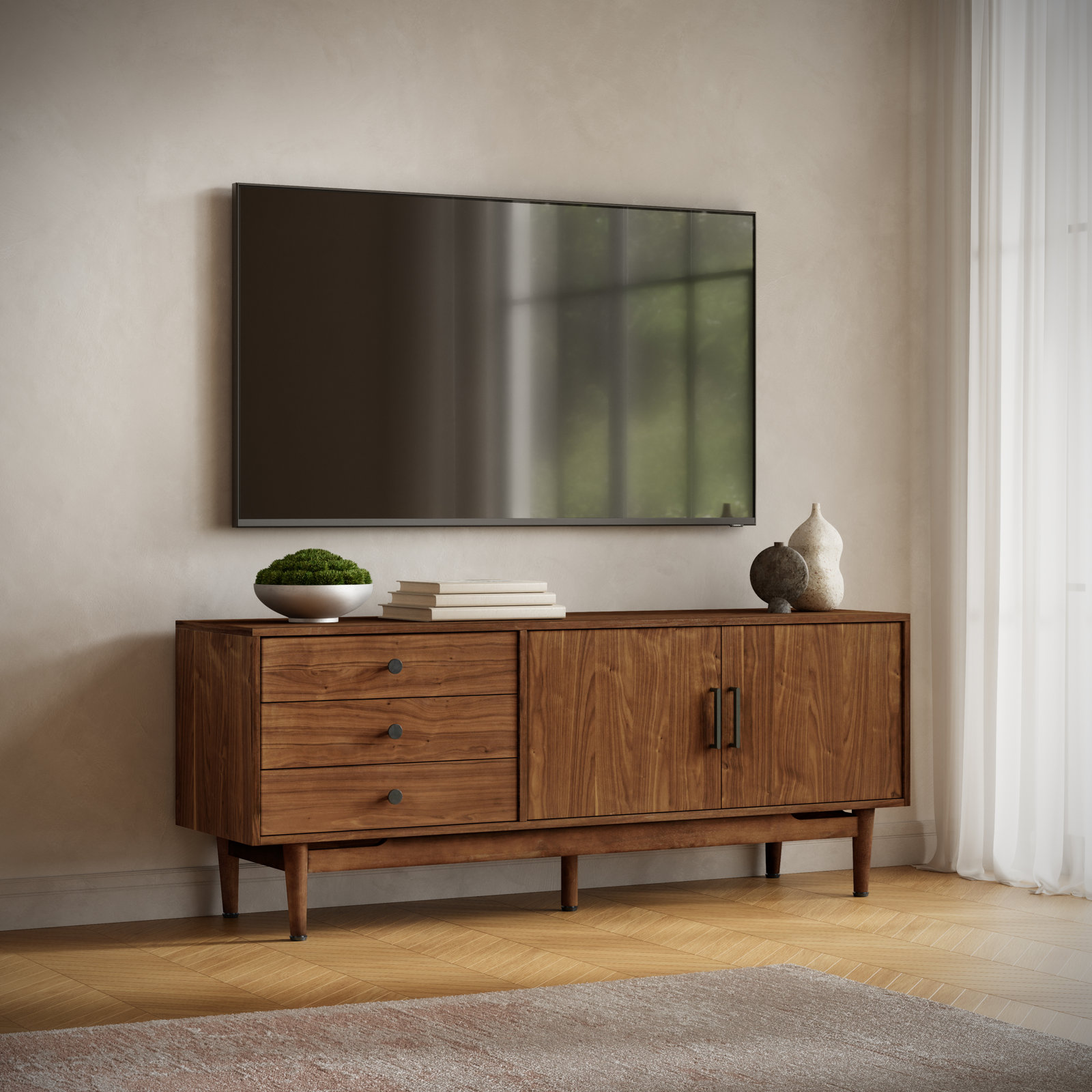 TV Stand, Dark Brown Wood, 26.5"H x 67"L x 18"W