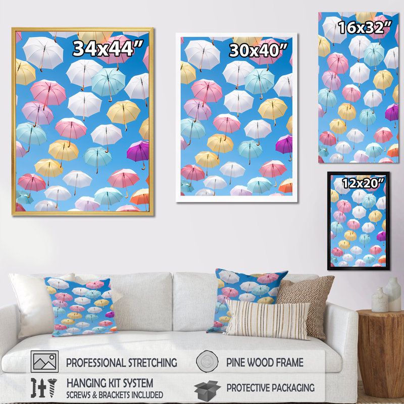 «Multicolor Umbrellas Modern Photo I», reproduction sur toile, Cadre simple blanc, H 32 po x l 16 po x P 1 po