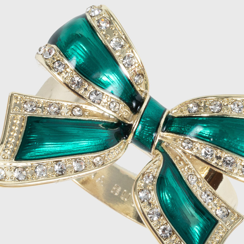 Enamel Bow Skinny Napkin Rings, Green/Shiny Gold