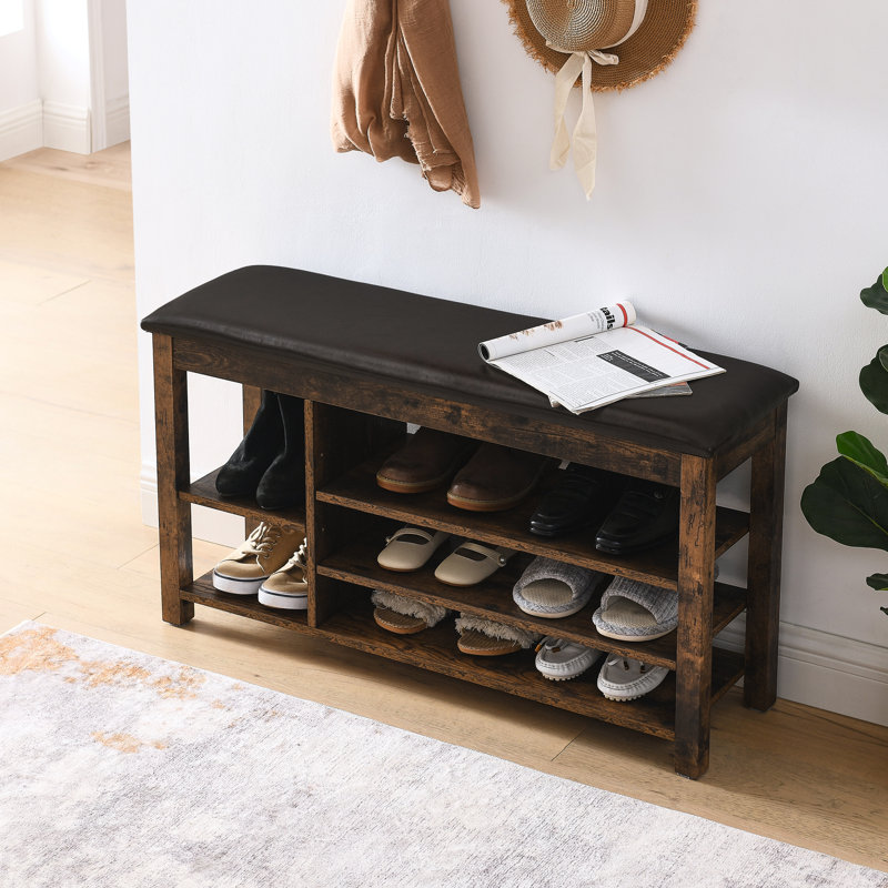 Adjustable Height Long Bench, Rubberwood Frame, Comfortable Pu Leather And Sponge Seat, Concealed Storage Design, Three Layers Of Ventilation Storage, Solid Wooden Legs, 22" Product Height, 33.7Kgs