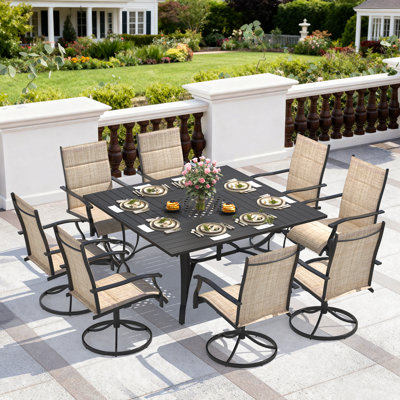 9 Piece Patio Dining Set, Outdoor Dining Table And Chairs Set For 8, 8 Swivel Chairs, 1 Iron Square Table With Adjustable Umbrella Hole, Patio Furniture Set For Deck, Backyard, Lawn, Poolside, Brown/gray/blue