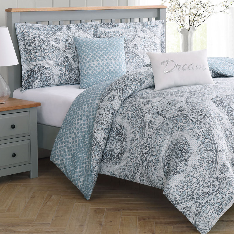 Twin Blue Microfiber Reversible Comforter Set with Geometric Print