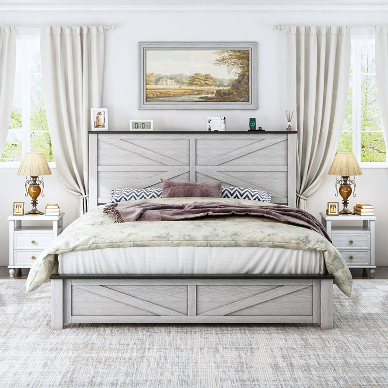 Structure de lit double avec tête de lit et pied de lit, support à lattes en bois, lit plateforme robuste compatible avec différents styles de chambre à coucher, assemblage facile, blanc