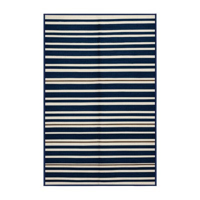Washable Dark Blue White Striped Area Rug