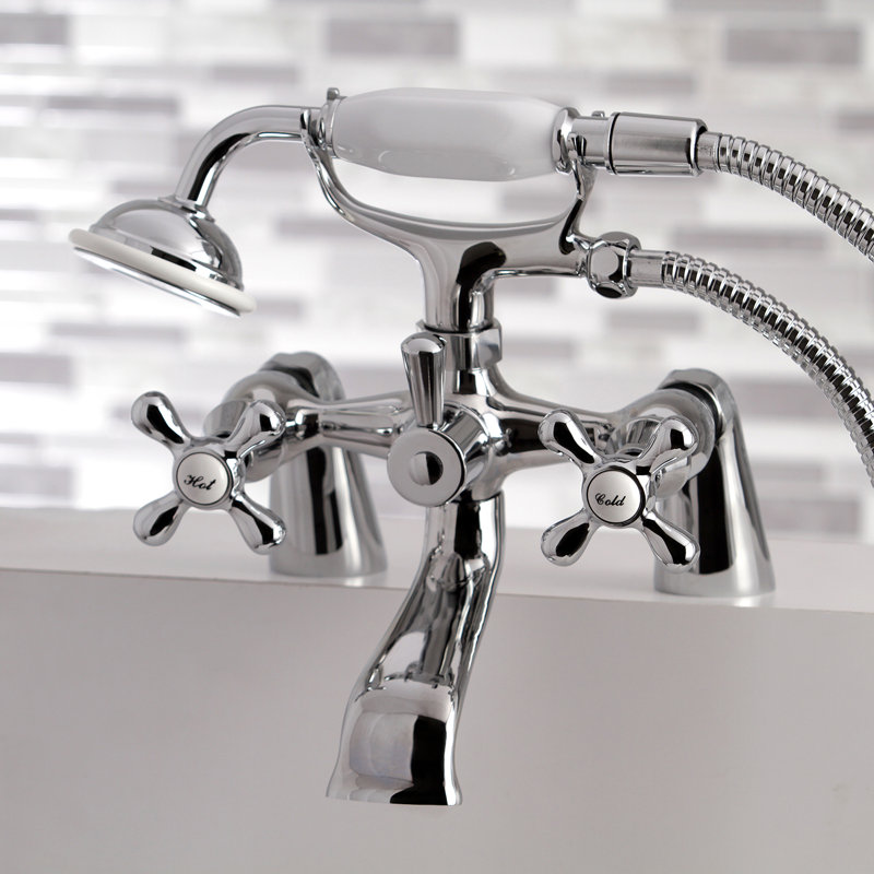 Kingston Brass Kingston Three-Handle 2-Hole Deck Mount Clawfoot Tub Faucet with Hand Shower, Polished Chrome
