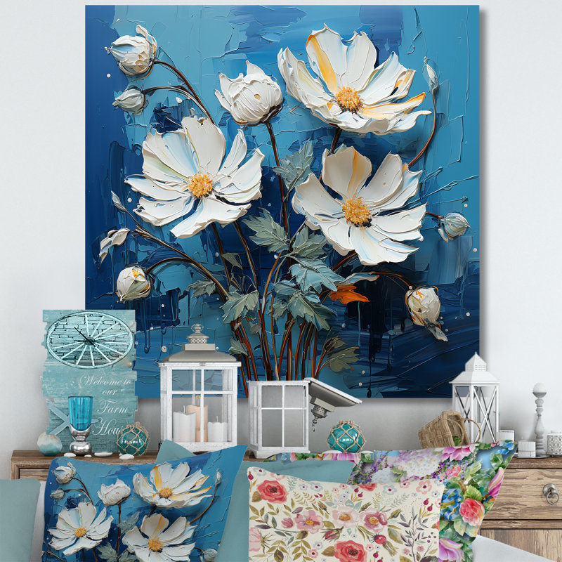 Fleurs blanches et bleues excentriques - salon d'art mural fleurs_105834, H 36 po x l 36 po x P 1,5 po, Toile tendue