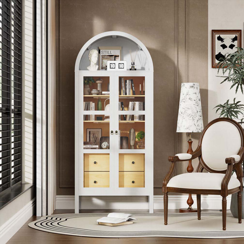 Arched Cabinet with Glass Doors,Height Adjustable Shelf and 2 Drawers, White Oak