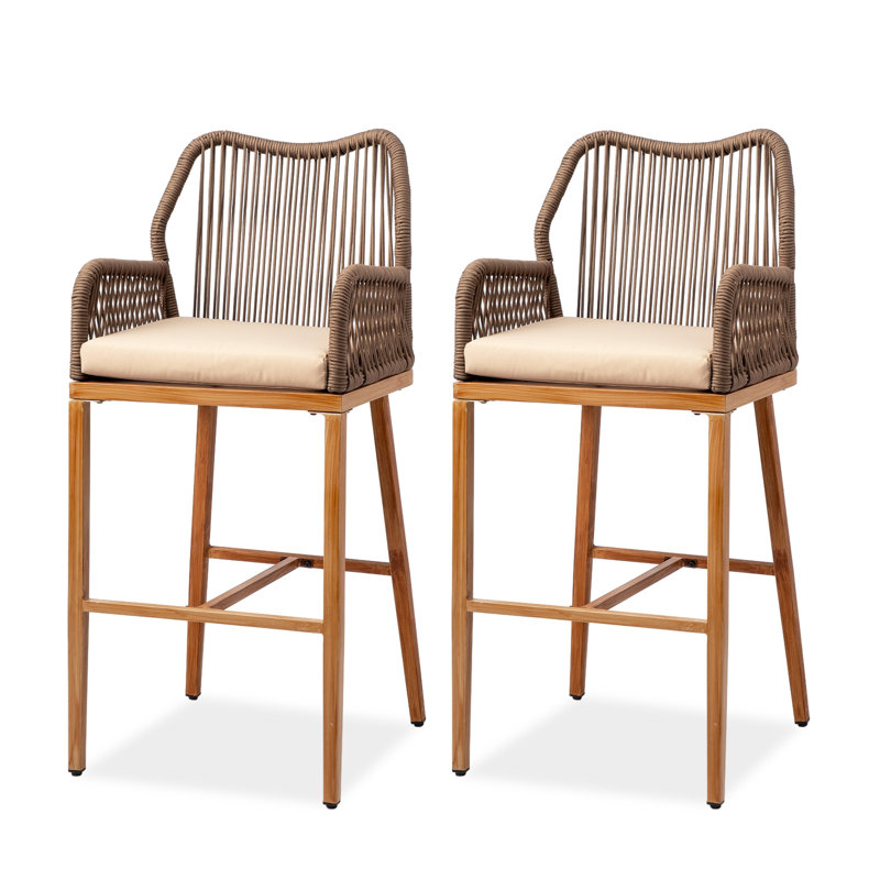 Tabouret de bar en rotin tissé avec structure en fer (paquet de 2), Brun