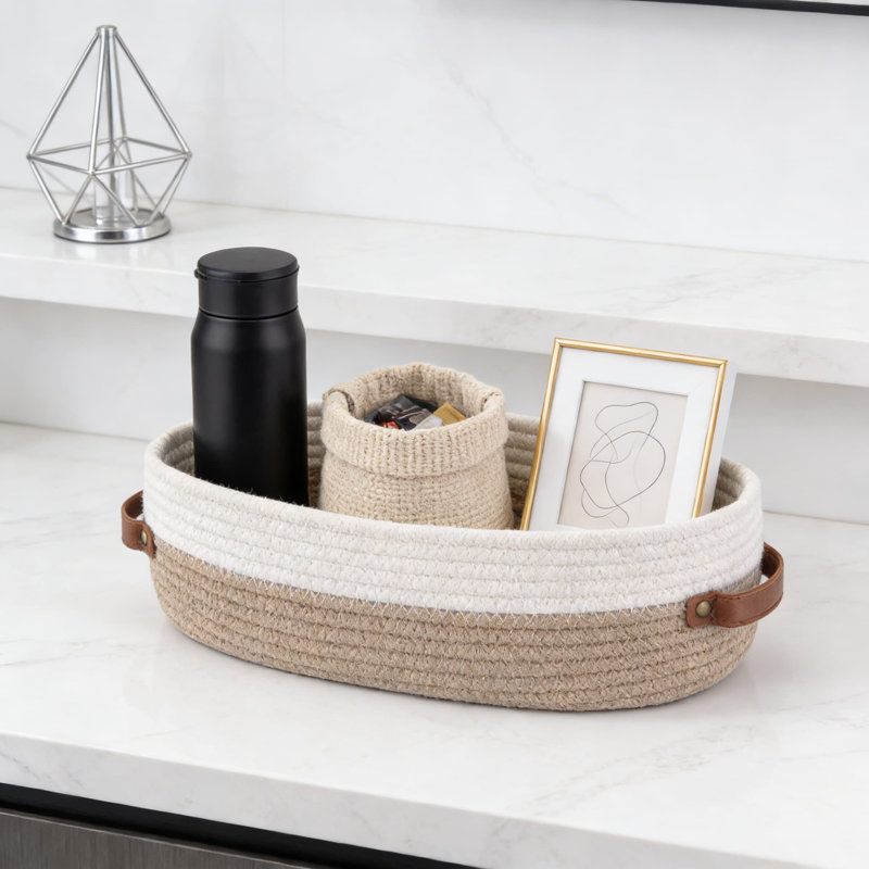 Cotton Rope Woven Storage Basket With Handles, 2-Pack Foldable Decorative Basket For Bathroom, Living Room, And Bedroom Organization