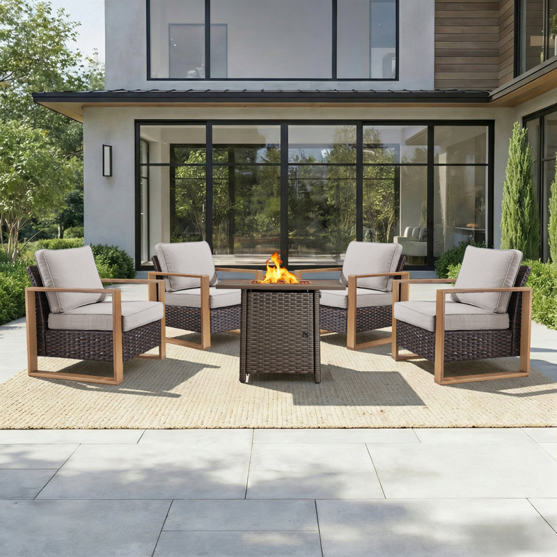 Ensemble de conversation de chaises longues d'extérieur 5 pièces avec table foyer, Beige, Brun