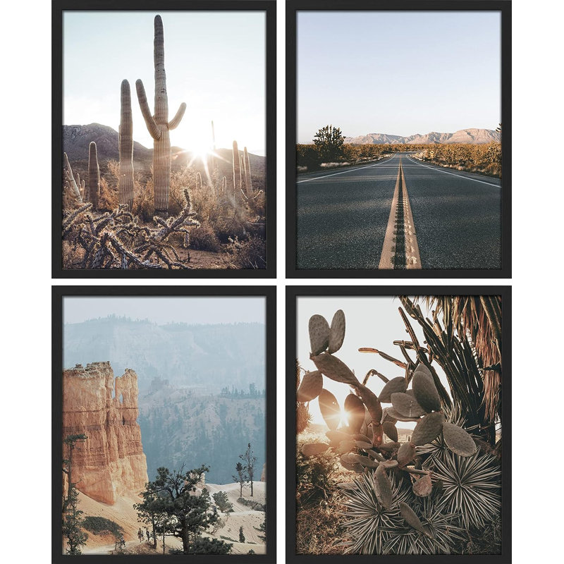«Cactus Desert Landscape», reproduction encadrée de 4 pièces, Cadre noir, H 16 po x l 12 po x P 1 po