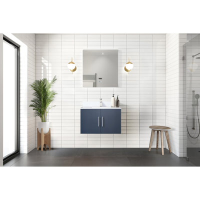 Meuble-lavabo bleu marine avec plateau en marbre de culture de 30 po et miroir à DEL - fermeture en douceur, avec taches et rayures