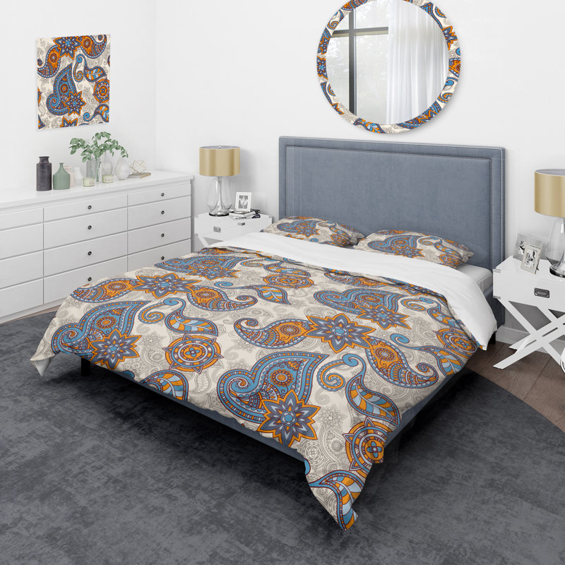 Bleu floral cachemire - ensemble de housse de couette abstrait - microfibre de polyester