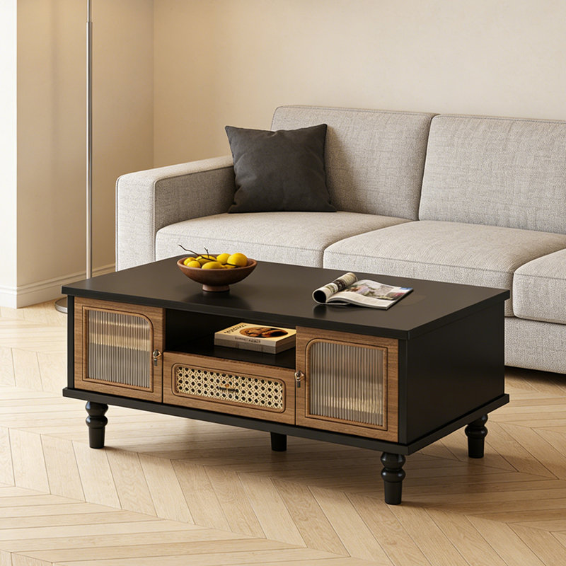Table basse vintage avec rangement en verre et rotin, H 21,65 po x L 47,24 po x l 23,62 po, Noir / brun