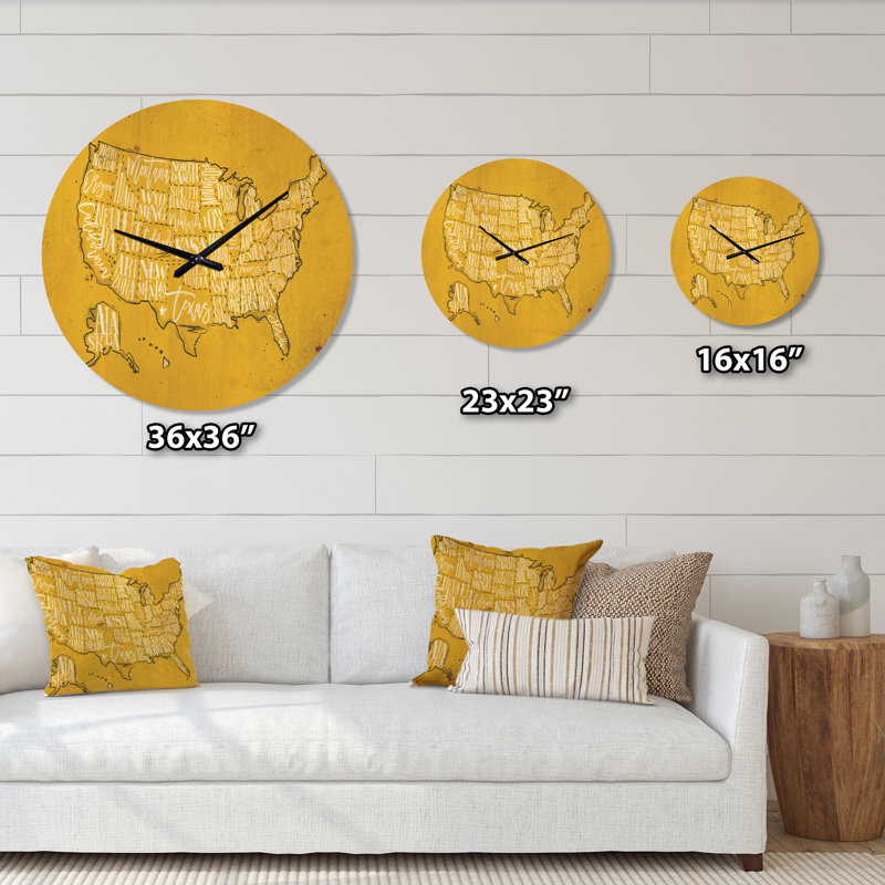 Carte vintage jaune des États-Unis - horloge murale moderne en bois, Moyenne
