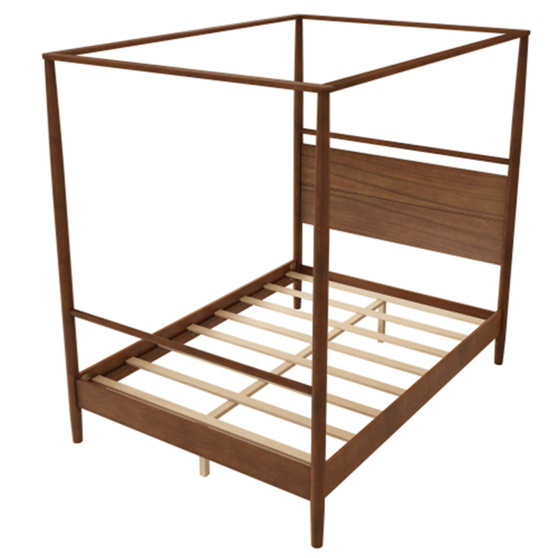 Lit à baldaquin en bois massif avec lit à baldaquin, aucun sommier requis, taille double, noyer