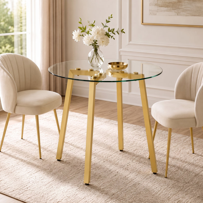 Modern Round Clear Tempered Glass Dining Table, Gold, 29.5" H x 36" W x 36" D