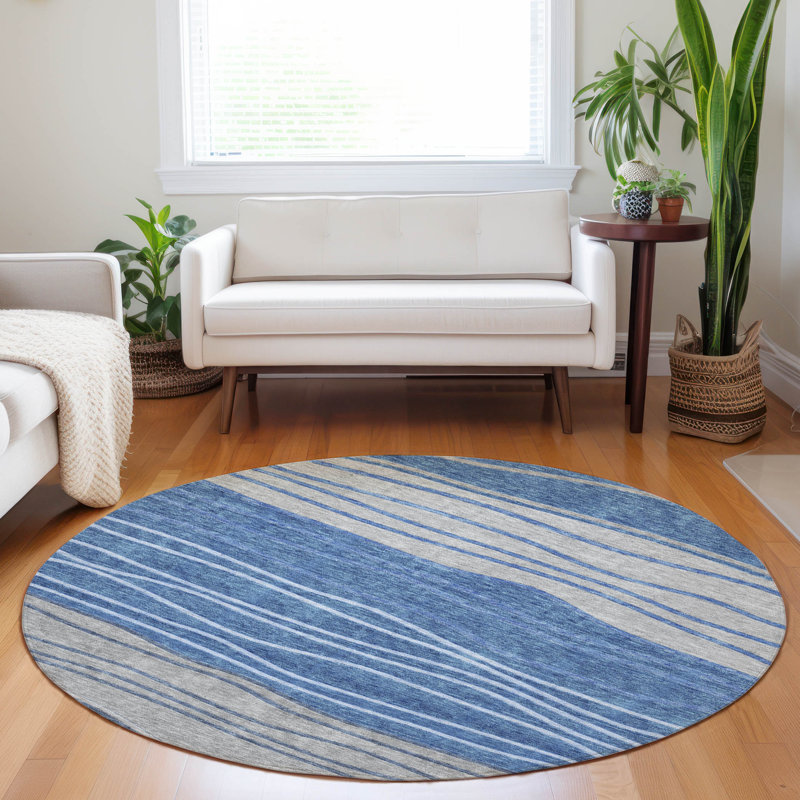 Premium Machine Washable Tweedy Blue Rug, Round 8'
