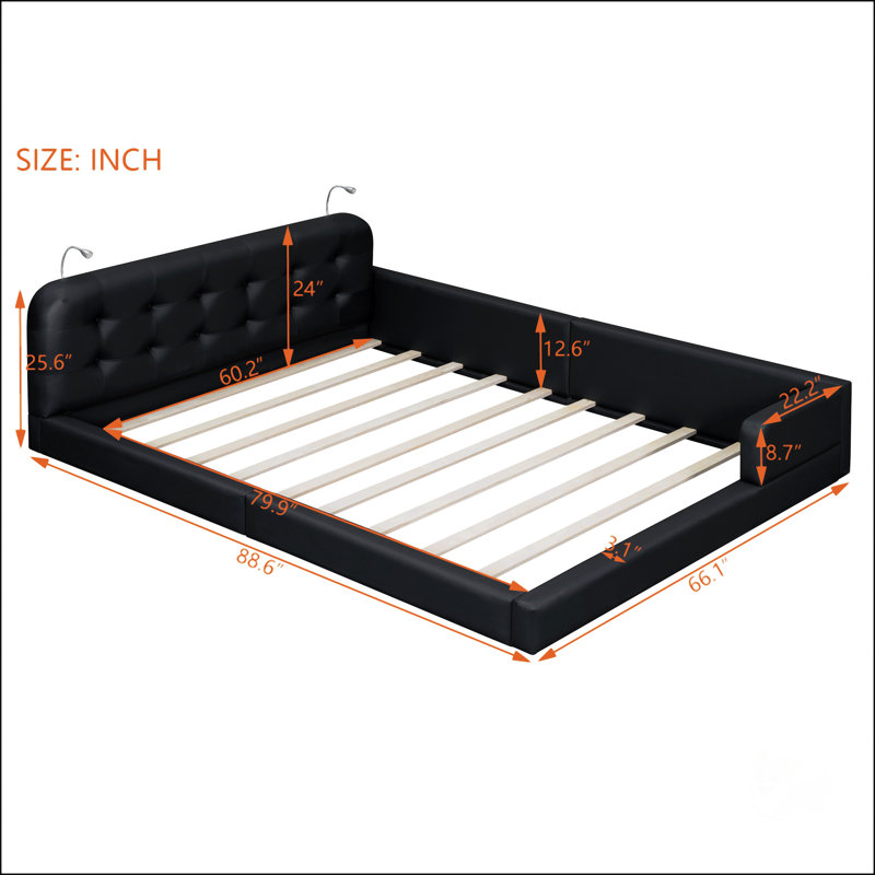 Grand lit plateforme tapissier avec 2 lampes de lecture, Noir