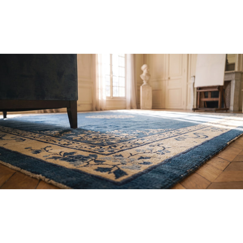 Antique Peking Chinese Floral Blue Navy, Ivory Beige Cream White 1920s Rug