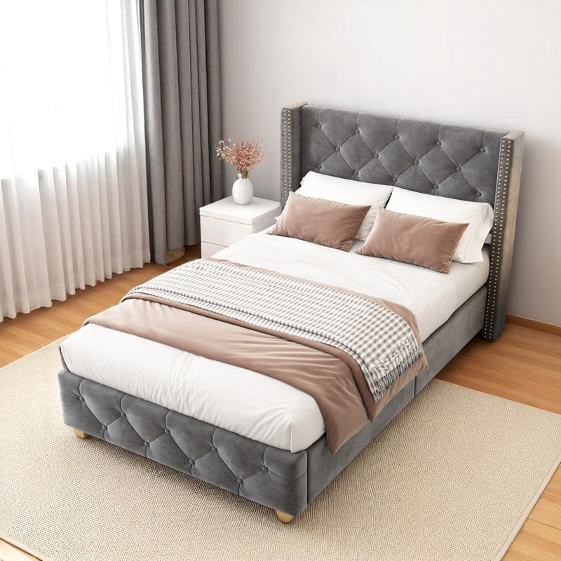 Velvet Upholstered Bed With Slatted Frame And Headboard Button And Rivet Upholstery, Single (3'), Grey