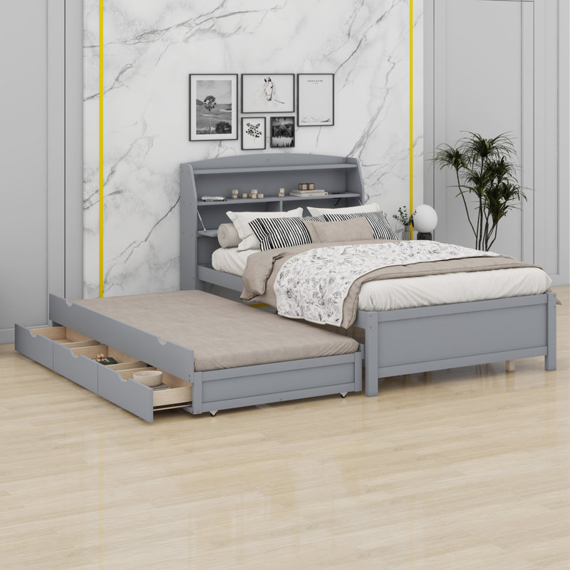 Lit plateforme en bois avec lit gigogne et tête de lit à DEL avec tiroirs, Gris, Double