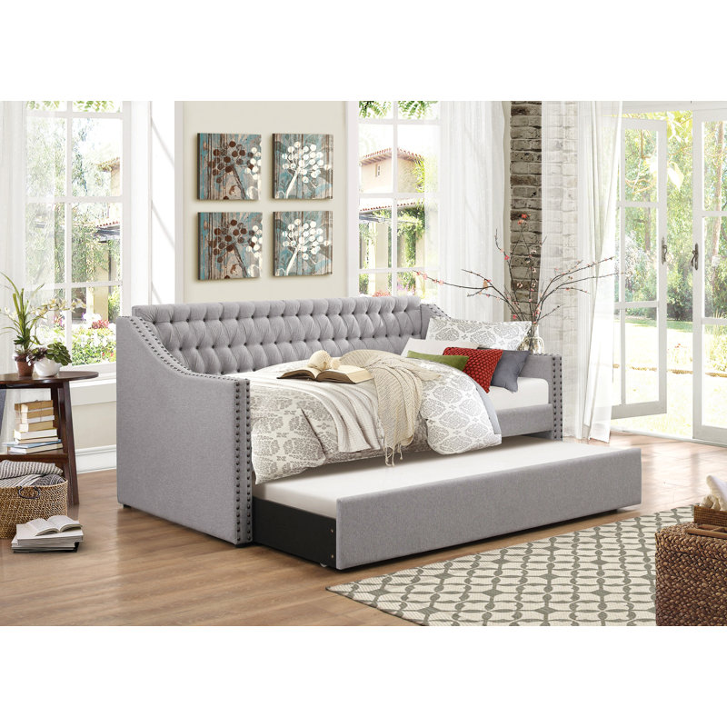 Modern Design Gray Fabric Upholstered 1Pc Sofa Bed W Trundle Button-Tufted Detail Nailhead Trim Daybed Wooden Furniture