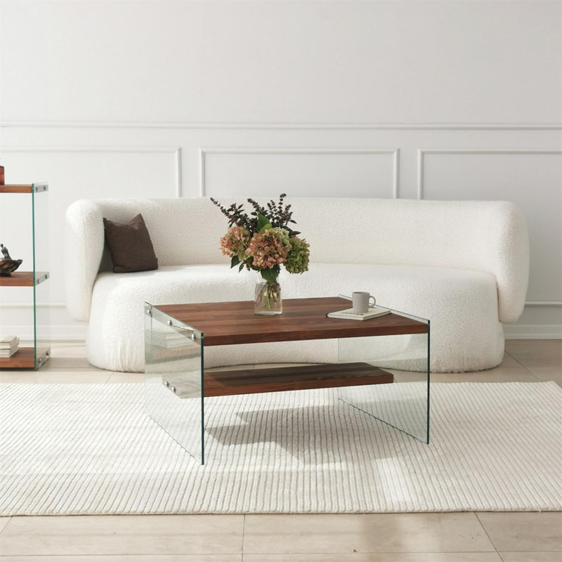 Table basse moderne, plateau 100% verre trempé avec cadre 100% bois de pin massif, 29,5 po x 15,7 po x 29,5 po | Couleur brune naturelle, design élégant et durable | Parfait pour le salon et les espaces contemporains