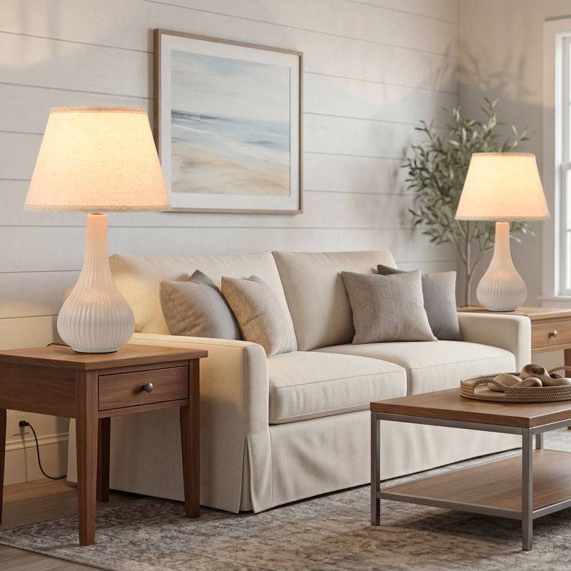 Lampe de table en céramique de 18,11 po de hauteur, corps blanc laiteux avec abat-jour en lin, idéale pour la chambre à coucher, le salon, le chevet et le bureau