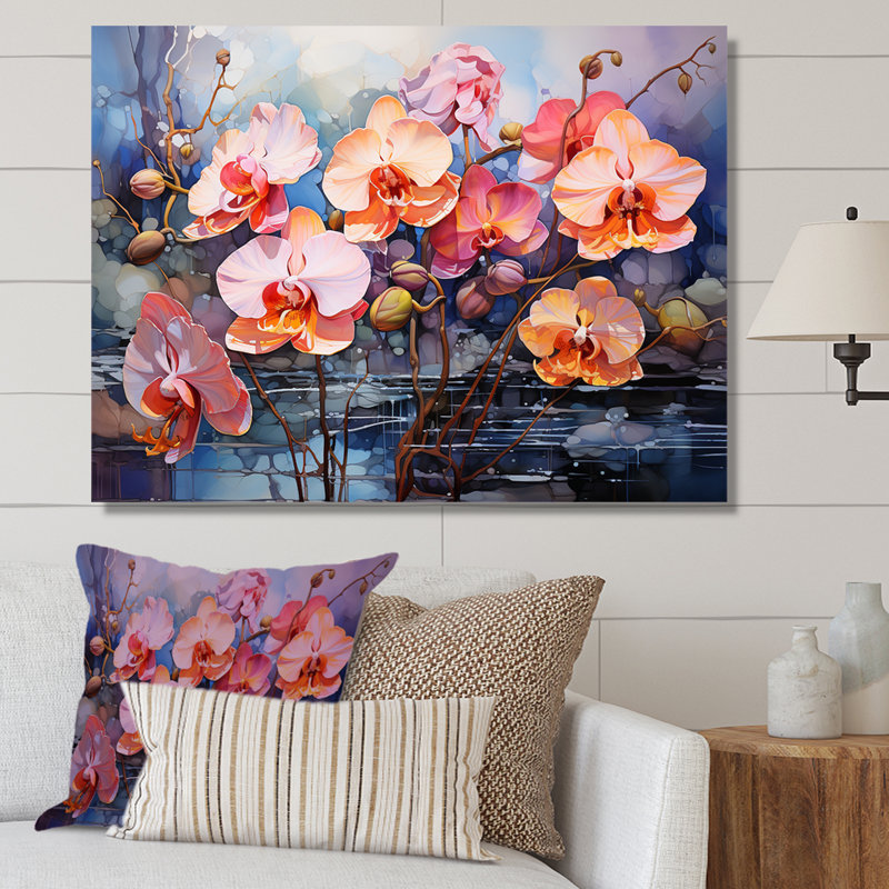 «Pink and Orange Wild Expression Orchids I», reproduction sur toile, Toile tendue, H 16 po x l 32 po x P 1 po