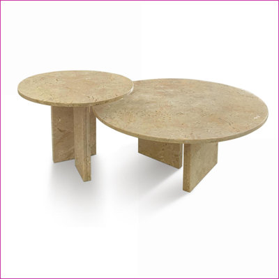 Ensemble de tables basses dorées et jaunes en pierre naturelle pour le salon, conception à 2 niveaux (70 cm et 45 cm)