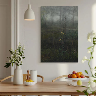 Framed Canvas Wall Art,Mysterious forest path: A lone figure walks through fog, Realistic oil painting style. Wall Decor, Large Artwork for Living Room Bedroom, Ready to Hang, 24x36 Inch
