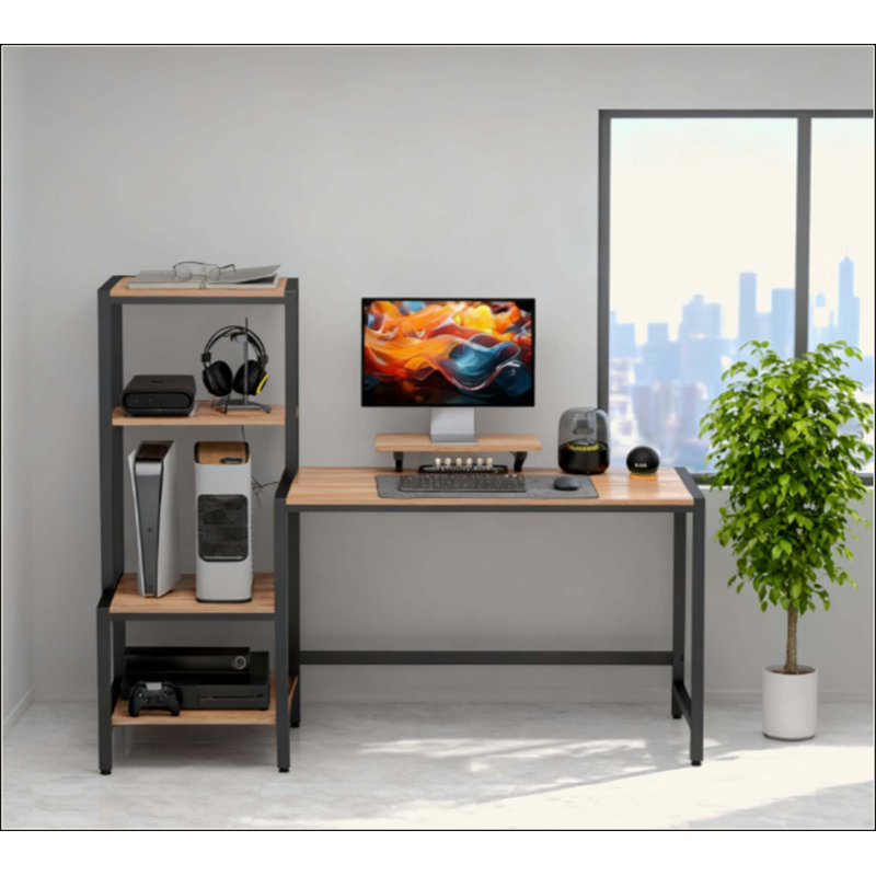 Reversible Industrial Computer Writing Desk With Monitor Stand And 4-Tier Shelf | Gift Idea, 49.2" H x 66.9" W x 18.9" D